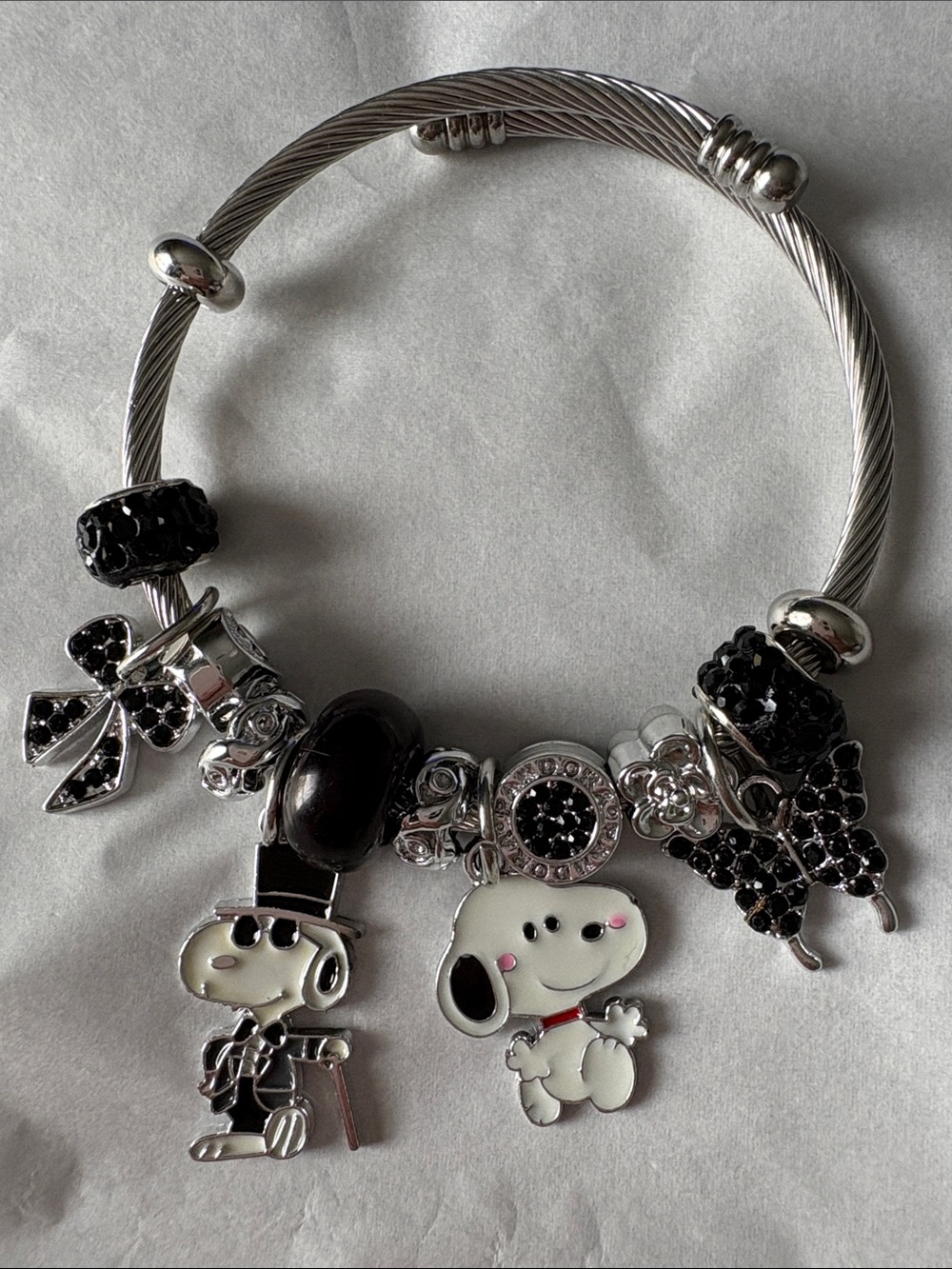 Silver-Tone Black & White Snoopy Charm Bangle Bracelet